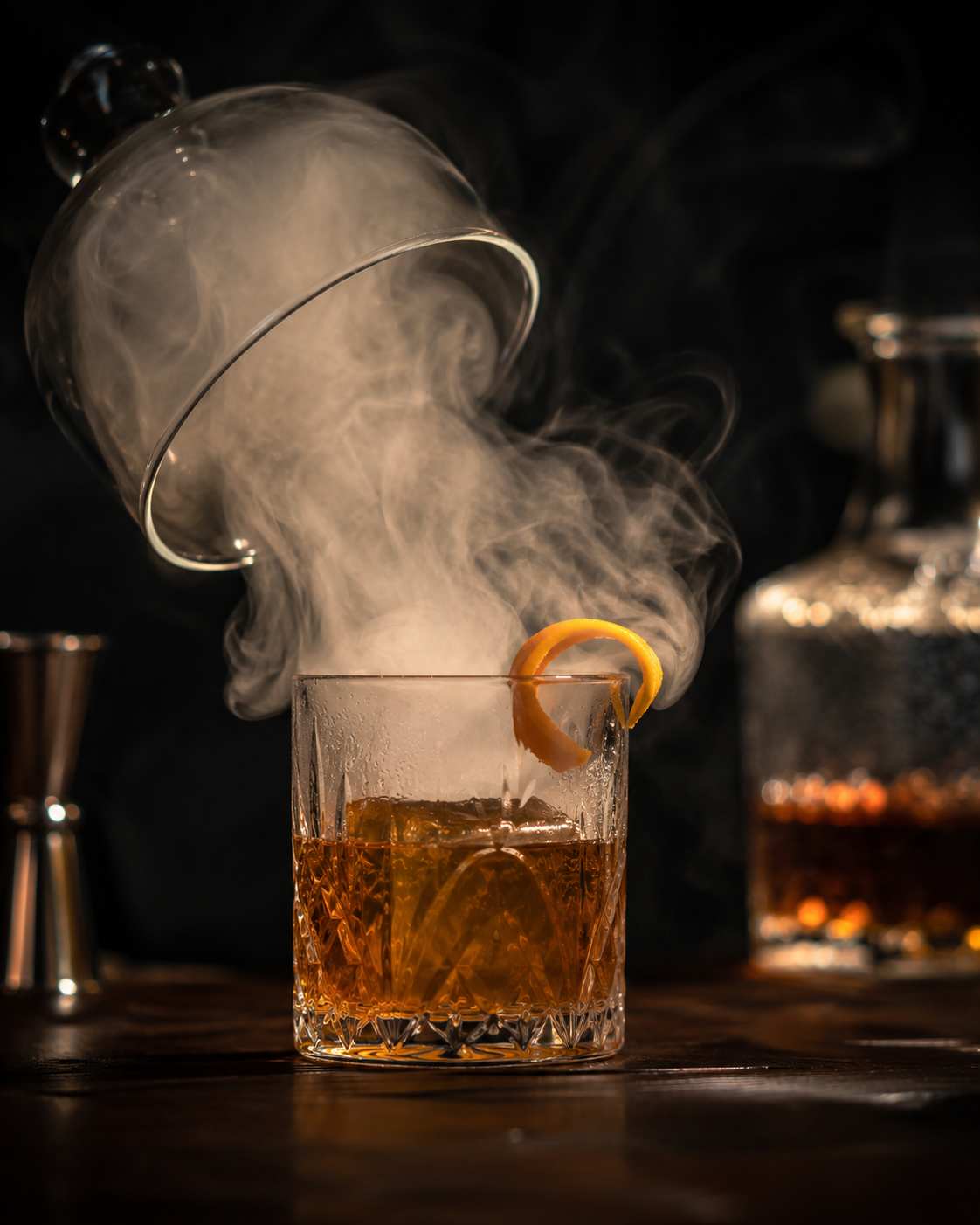 Zicmo cocktail smoker filling a whiskey glass with smoke